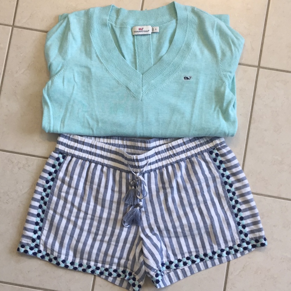 Vineyard Vines Blue & White Striped Pom-Trim Women’s Shorts